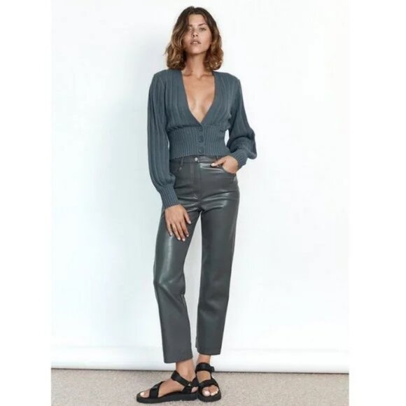 Aritzia Wilfred Merino Wool Plunge Front Cardigan Cropped V-Neck Ribbed Sweater - Picture 8 of 14